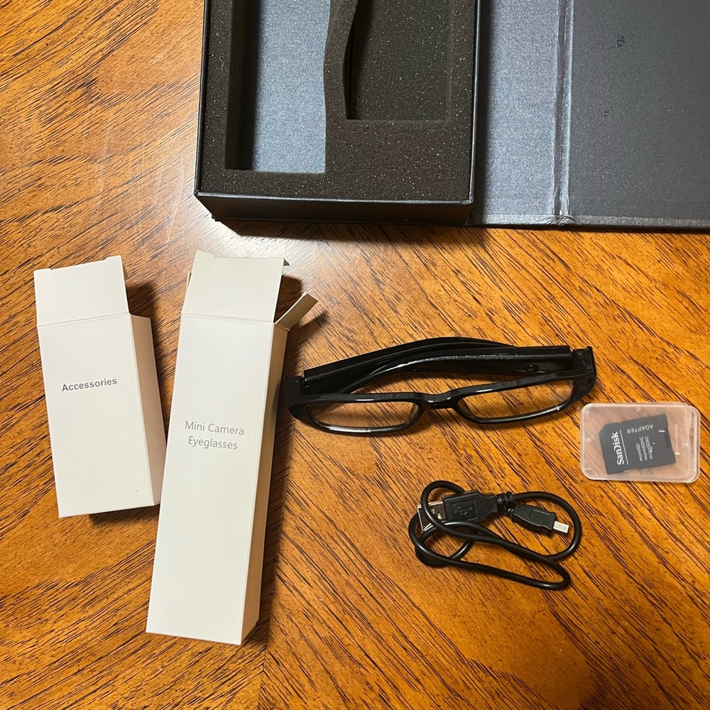 Black Camera Eyeglasses with USB and Accessories